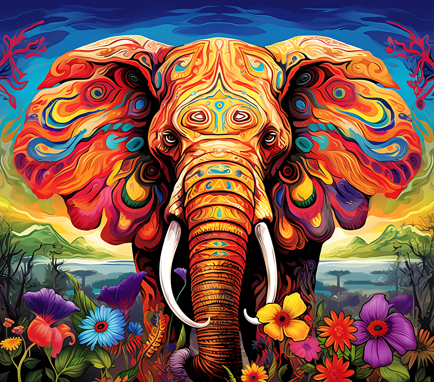 Psychedelic Elephant Flowers and Sky